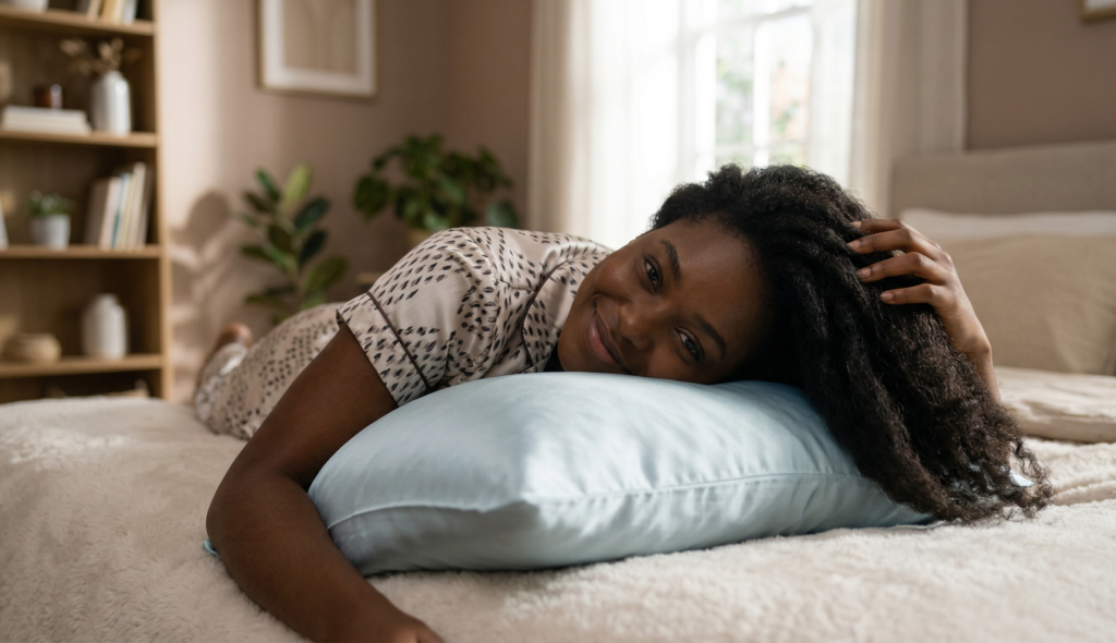 A beautiful lady happy to use her silk pillowcase